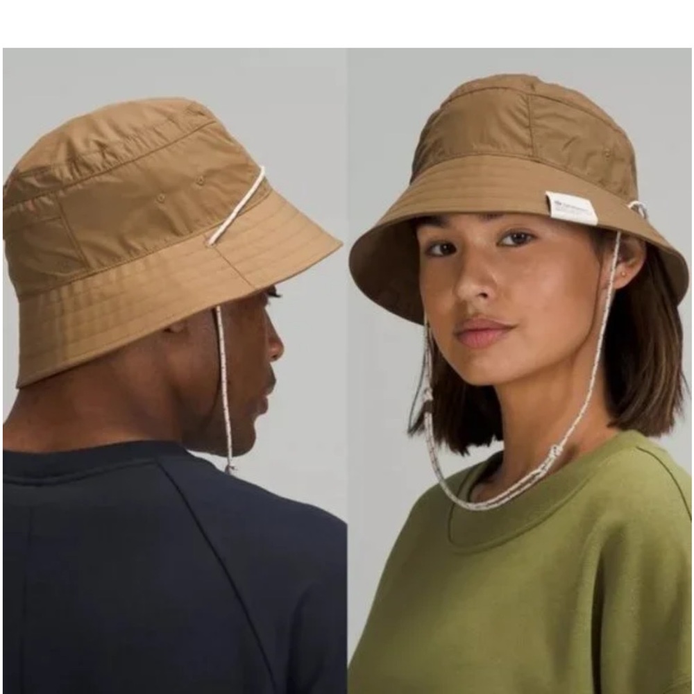 Lululemon Logo Bucket Hat‎ Lightweight Adjustable Pocket Nylon Tan Brown S/M